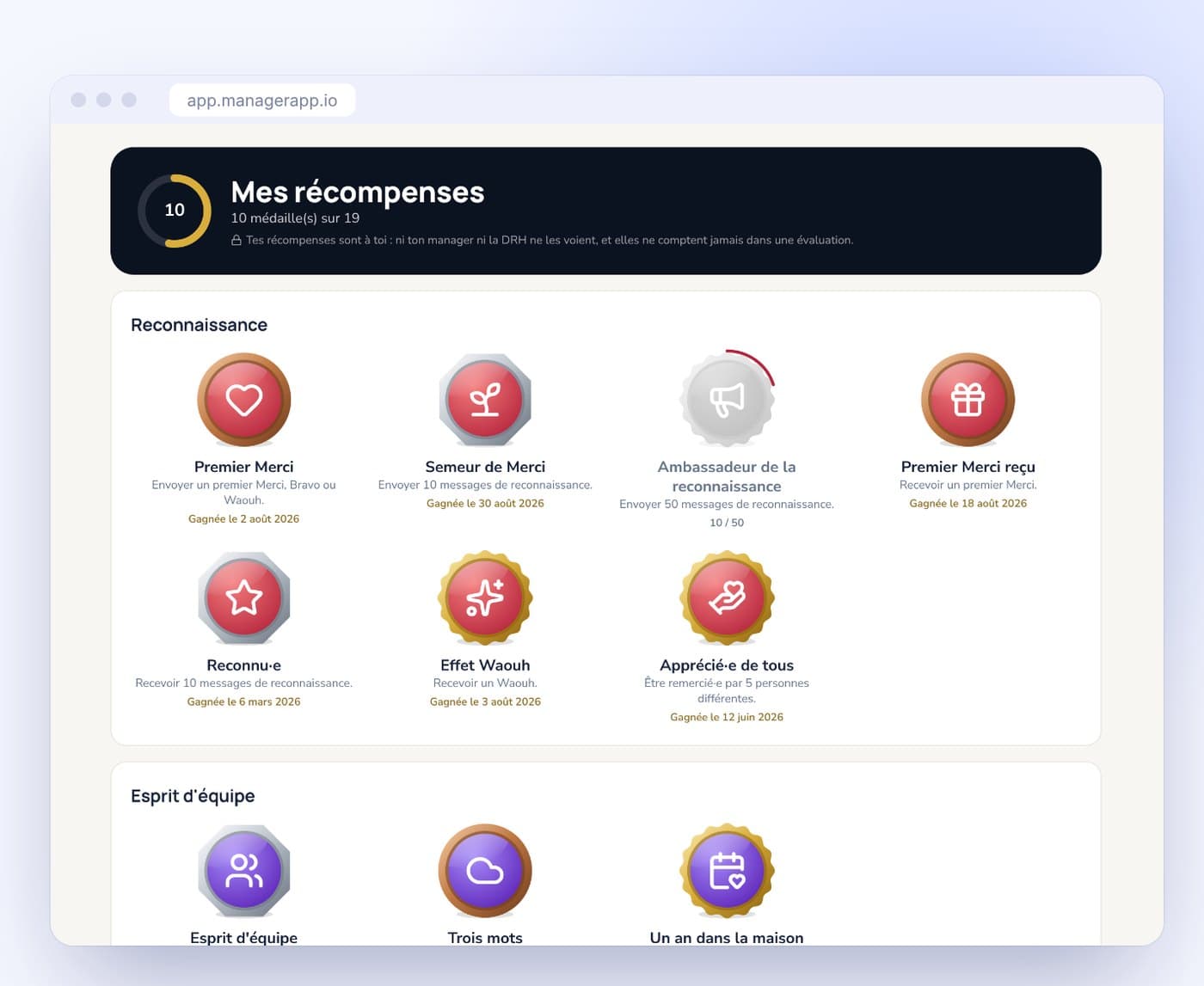 Écran Mes récompenses de ManagerApp : les médailles gagnées par un collaborateur